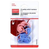 Set of 10 large plastic safety stitch markers (blue and pink) in packaging