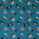 Square swatch Villains Gather fabric (teal fabric with tossed cartoon disney villains (female) in stubby pop figure style size allover)