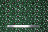 Flat swatch Festive Mickey fabric (dark green fabric with tossed white snowflakes and mickey mouse characters skating)