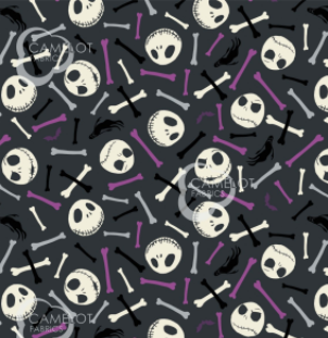 Swatch of licensed quilting cotton for Nightmare Before Christmas. White, grey and pruple bones and Jack Skellington heads with various expressions are tossed over a mid grey background.  Superimposed are tossed black bones and ghosts.