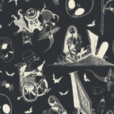 Swatch of licensed quilting cotton for Nightmare Before Christmas.  White outlined figures on a black background, including Sally the Ragdoll picking flowers by headstones, the trick-or-treaters (Boogie's Boys) Lock (the devil) and Shock (the witch) hold up Barrel (the skeleton) by his ankles, and Dr. Finkelstein (the mad scientist) in his wheel chair.  These scenes float among character heads and bats and spiders.