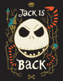 Panel of licensed quilting cotton for Nightmare Before Christmas. Jack Skellington's round skull looks straight ahead filling the centre of the panel, with text "Jack is" above and "Back" below. Behind, an orange and black striped snake winds among angular bare branches. Top left is a rickety gothic house with teal roof and taupe walls, and mid right is a taupe and teal spider. Above the text, a small taupe jack o'lantern, and below the bottom text, taupe crossed bones. Black background.