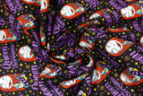 Swirled swatch queen of screams fabric (black fabric with cartoon Sally character holding black cat "Queen of Screams" purple script beneath, repeated pattern with tiny tossed white and yellow dots and stars)