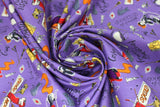 Swirled swatch witch sisterhood fabric (purple fabric with tossed Hocus Pocus movie elements and emblems "Cover Crew" "Trouble Brewing" etc text, witch characters, cauldrons, brooms, etc.)
