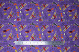 Flat swatch witch sisterhood fabric (purple fabric with tossed Hocus Pocus movie elements and emblems "Cover Crew" "Trouble Brewing" etc text, witch characters, cauldrons, brooms, etc.)