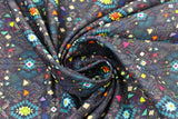 Swirled swatch Carcas fabric (navy geometric printed fabric allover in southwest style pattern with bright colour accents)