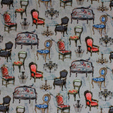 Square swatch Baroque fabric (grey fabric with tossed illustrative style vintage chairs and couches and chandeliers in various styles with tossed blue cursive writing)