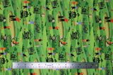 Flat swatch Golf 1 fabric (cartoon golf green scene with players and carts, etc. in full colour cartoon style with tossed black golf related text and emblems)
