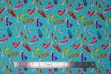 Flat swatch Footwear fabric (teal fabric with white and coloured dots allover and tossed full colour illustrative style footwear allover in various styles/colours: converse, flip flops. etc.)