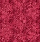 Square swatch marbled look faint leafy print fabric in roasted beef (deep raspberry red)