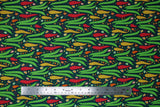 Flat swatch Peppers fabric (dark blue/navy fabric with tossed garden/hot peppers allover in various sizes and shapes: green, yellow, red, orange)
