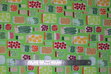 Flat swatch Jars fabric (lime green fabric with illustrative style jars allover with garden veggies inside)