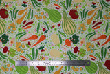 Flat swatch Vegetables fabric (white fabric with colourful tossed illustrative style veggie collage: carrots, radishes, gourds, etc.)