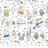 Square swatch Animal Jam fabric (white fabric with tossed doodled animals allover with instruments and tossed music notes, etc. in doodled style with pops of colour)