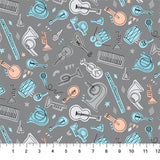 Square swatch Instrument Toss fabric (grey fabric with tossed doodled instruments allover with coloured backgrounds: guitars, trumpets, microphones, tubas, etc. with white, blue, grey and pink backgrounds)