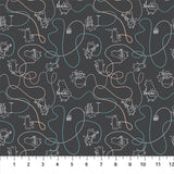 Square swatch Cords fabric (dark grey fabric with doodled loosely tossed animals with plugged in instruments, cords running all around allover fabric in white, blue and pink shades)