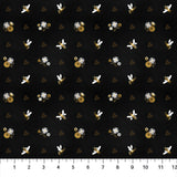 Square swatch Bees on Black fabric (black fabric with tossed yellow bees, tiny floral in white and yellow, faint yellow honeycomb)