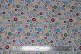 Flat swatch vroom vroom fabric (grey fabric with tossed colourful wheels in various sizes/styles: red, green, blue, yellow, orange. "Vroom vroom" text, "honk honk" text, etc.)