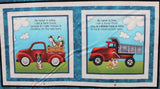 Rectangle panel within panel swatch (red farm truck with horse and chicken and brown dog, red dump truck and small brown dog)