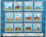 Full panel swatch - Old Truck Panel (44" x 36") (blue rectangle panel with 6 smaller rectangles showcasing 12 trucks cartoon/squares and dogs)