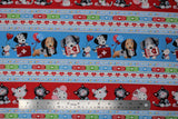 Flat swatch happy helpers 2 fabric (thick blue stripes with cartoon dogs and medical equipment, thick red stripe with cartoon cats and mice with medical equipment, separated by white striped with hearts/beat lines, coloured band-aids, etc.)