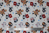 Flat swatch first aid friends fabric (white fabric with tossed cartoon dogs and cats in white, black, grey, tan colours with first aid kits red with white plus, medical charts, x-rays, etc. and tossed stars in grey, blue, red)