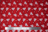 Flat swatch miss mousey fabric (red/dark red marbled look fabric with tossed white hearts and grey cartoon mice with pink gingham ears and white nurses hats)
