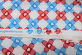 Raw hem swatch bandage fabric (white fabric with alternating stripes of bandage x's made from blue and red bandages)