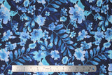 Flat swatch blue floral printed fabric in floral watercolour (light and dark blue floral on navy)
