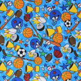 Square swatch sports printed flannel (blue fabric with light blue stars and tossed sports equipment in full colour, basketballs, soccer balls, wooden baseball bats, footballs, bowling balls and pins, gold trophy's, etc. with blue, red, orange, and green tossed stars)