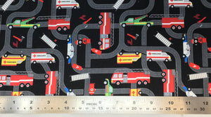 Group swatch cartoon emergency vehicles on road fabric in various colours
