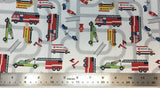 Flat swatch cartoon emergency vehicles on road fabric in white (white fabric with grey road lines going all directions and full colour cartoon emergency vehicles on roads)
