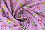 Swirled swatch sticker toss fabric (pale pink fabric with tossed MLP themed stickers allover "Yass!" rainbow dash sticker, OMG! pink horse sticker, "Slay all day" purple pony sticker, loyal to the core yellow pony sticker)