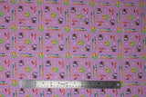 Flat swatch sticker toss fabric (pale pink fabric with tossed MLP themed stickers allover "Yass!" rainbow dash sticker, OMG! pink horse sticker, "Slay all day" purple pony sticker, loyal to the core yellow pony sticker)