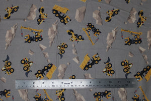 Group swatch cartoon construction vehicles printed fabric in various colours