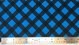Flat swatch diagonal plaid printed fabric in blue (blue fabric with black diagonal thick square plaid lines)