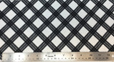 Flat swatch diagonal plaid printed fabric in white (white fabric with black diagonal thick square plaid lines)