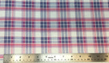 Flat swatch plaid printed fabric in purple (white fabric with light to dark purple and pink plaid lines)