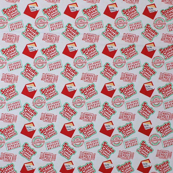 Square swatch santa claus is comin' to town fabric (white fabric with red 