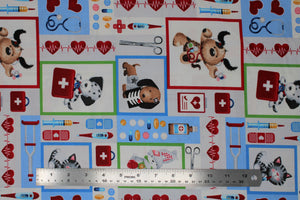 Group swatch assorted animal and medical themed printed fabrics in various styles/colours