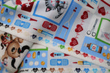 Raw hem swatch happy helpers fabric (white fabric with cartoon dogs and cats with medical equipment in primary coloured frames, various medical emblems in full colour: scissors, syringe, red hearts with beat lines, pills, bottles, etc.)