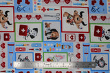 Flat swatch happy helpers fabric (white fabric with cartoon dogs and cats with medical equipment in primary coloured frames, various medical emblems in full colour: scissors, syringe, red hearts with beat lines, pills, bottles, etc.)
