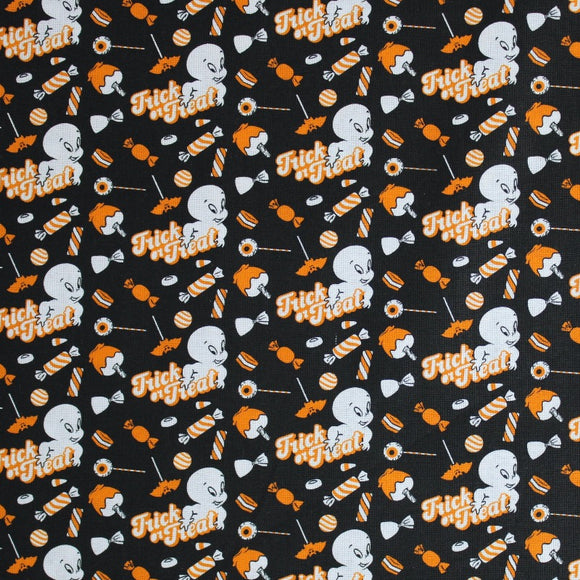 Square swatch Casper fabric (black fabric with tossed white Casper characters and tossed orange and white halloween candy with 