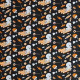 Square swatch Casper fabric (black fabric with tossed white Casper characters and tossed orange and white halloween candy with "Trick or Treat" text)