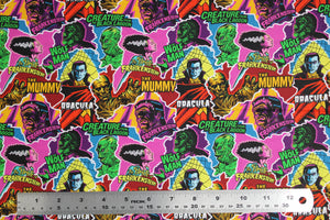 Square swatch Halloween Monster Pop Collage fabric (brightly coloured stickers look fabric with tossed illustrative monsters in full colour allover 'dracula, the mummy' etc with white outlines and text in various colours)
