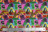 Flat swatch Halloween Monster Pop Collage fabric (brightly coloured stickers look fabric with tossed illustrative monsters in full colour allover 'dracula, the mummy' etc with white outlines and text in various colours)