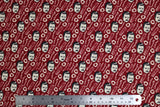 Flat swatch Ron Bacon & Eggs fabric (dark red fabric with tossed white bacon and eggs and tossed black/white character heads)