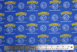 Flat swatch Non Essential Badge fabric (blue fabric with 'Pawnee City Hall' text and circular badges with 'non-essential employee' text)