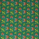 Square swatch dear santa fabric (green fabric with Shrek style "S" with christmas lights wrapped around top, "Happy Holidays" text with gingerbread man holding candy canes)