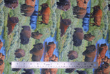 Flat swatch green fabric (outdoor scenery buffalos at watering hole and lounging in grass collage)